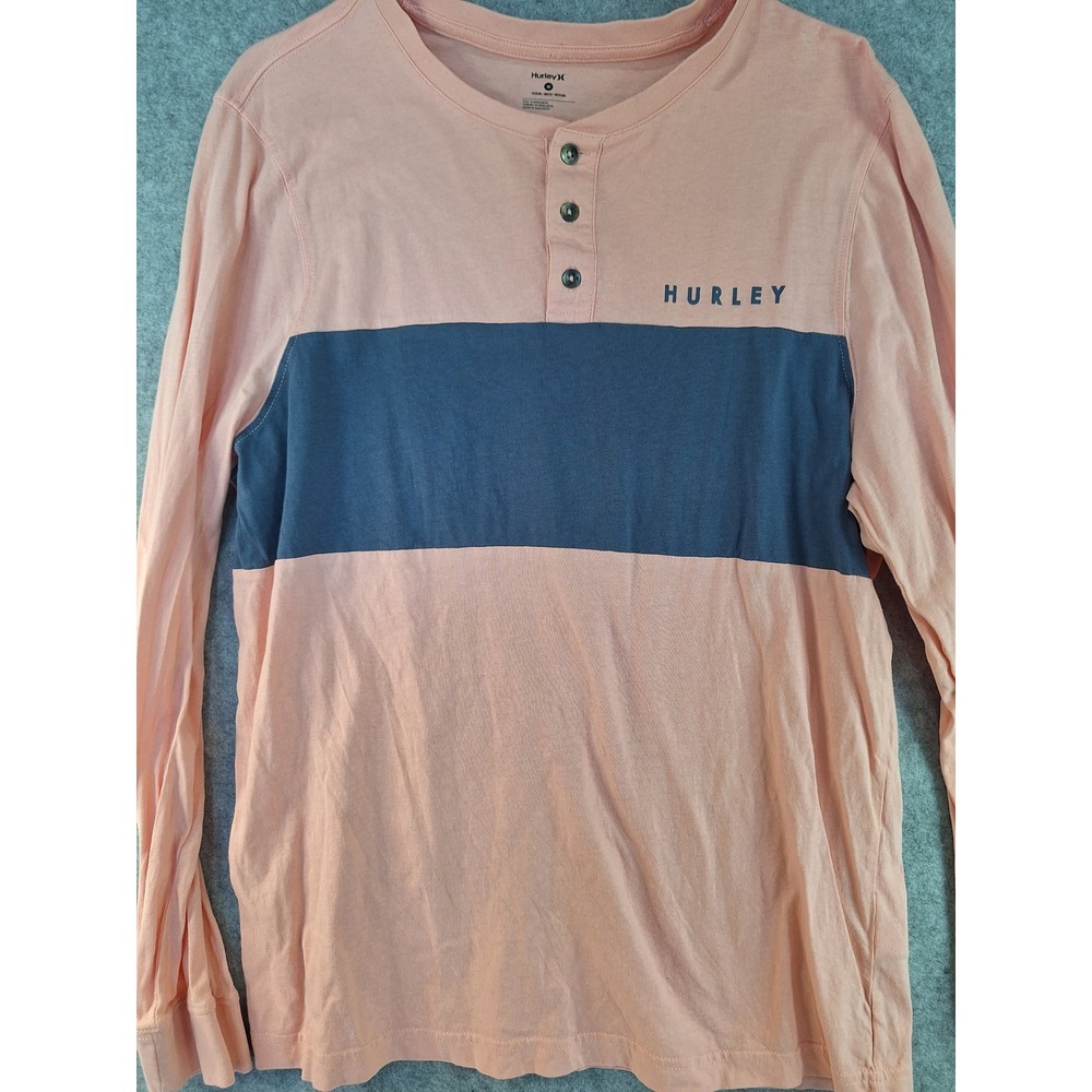 Hurley Mens Henley Shirt Medium Peach Navy Blue Long Sleeve Logo T-Shirt